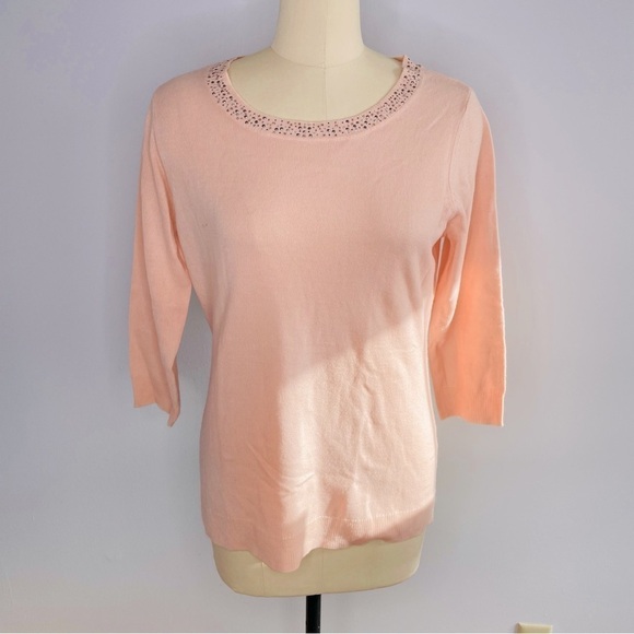 New York & Company Sparkle Neckline Lightweight Sweater- Peachy Pink- Size Large - Picture 1 of 7